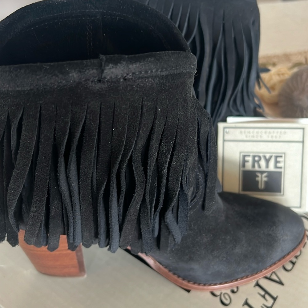 Frye fringe short black suede bootie